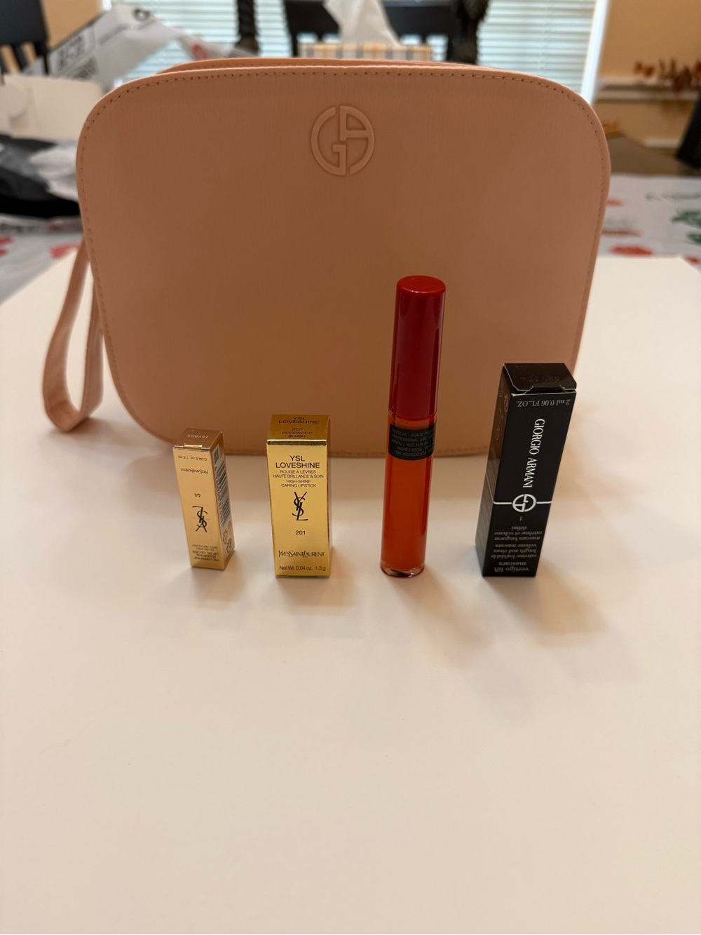 Giorgio Armani Pink Cosmetic Pouch with Orange Lipstick & mascara & YSL samples